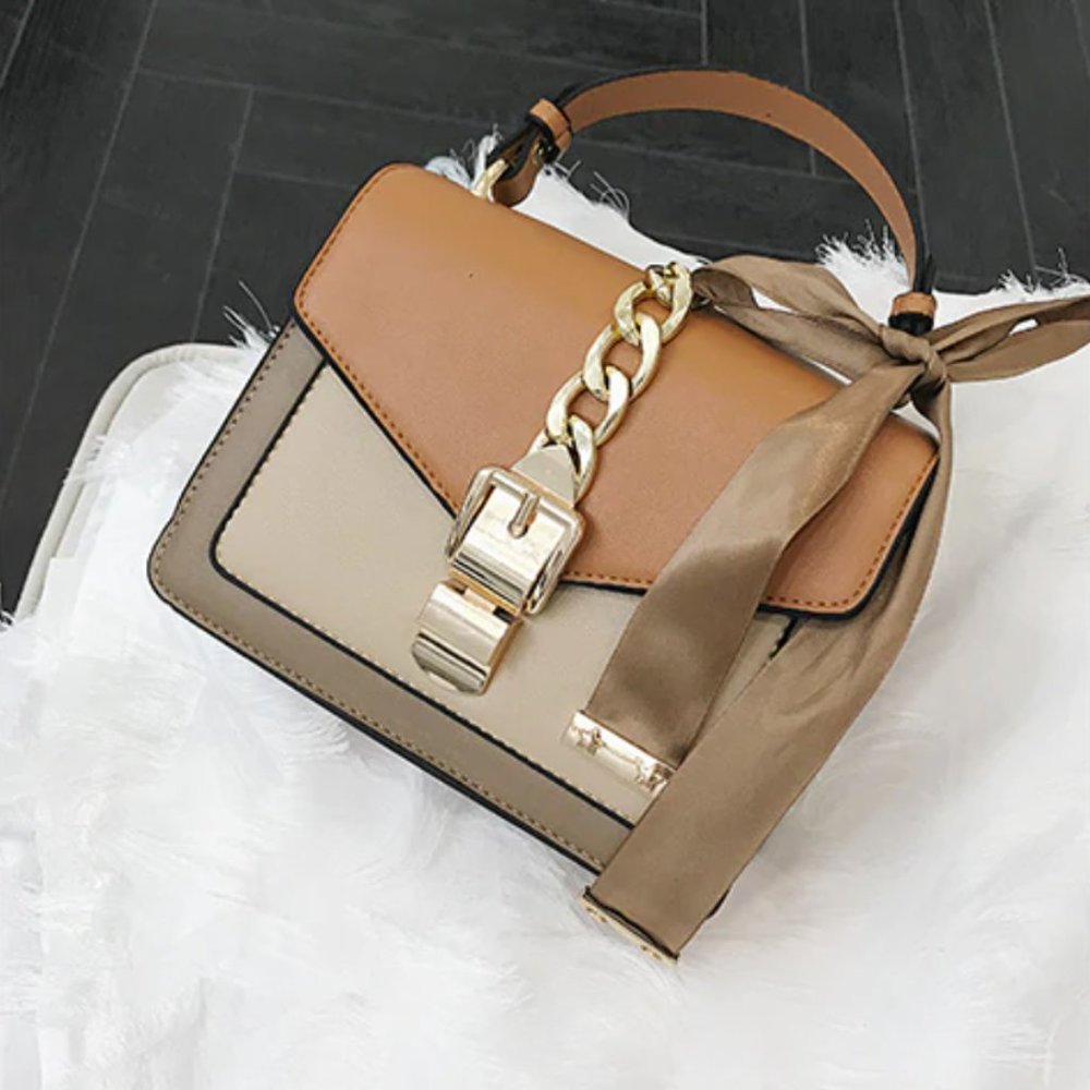 LAST Brown + Gold Ribbon Crossbody Bag Square Faux Leather Mini Purse - Picture 4 of 7